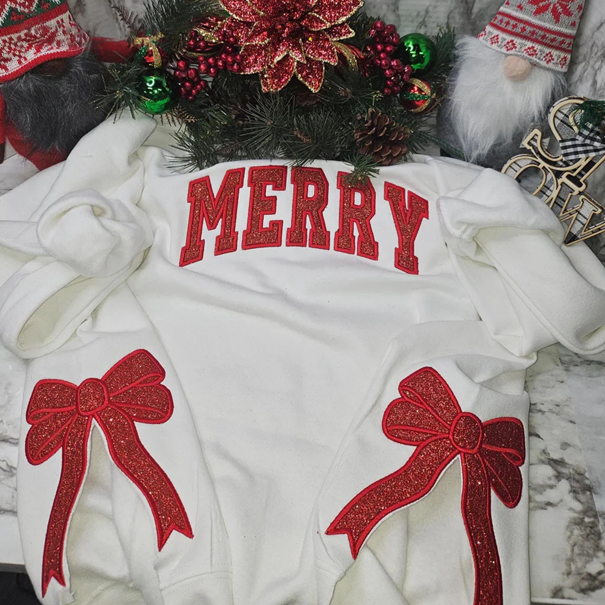 Custom Merry Embroidered,Two Side Bows Cut-Out Sweatshirt,Side Bow Applique Sweatshirt, Glitter Christmas Sweatshirt