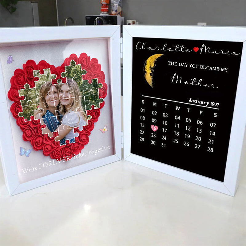 Personalized Puzzle Photo Flower Shadow Box With Real Moon Phase Calendar