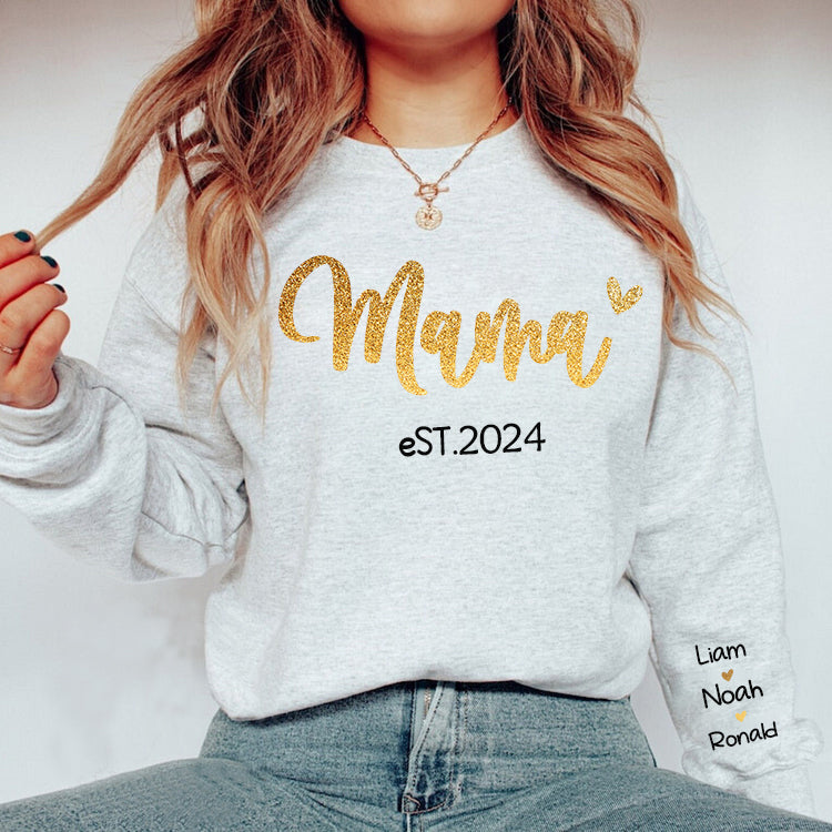 Personalized MAMA est.Year Sweatshirt with Kid Names on Sleeve-Mother's Day Sale (Customized free)