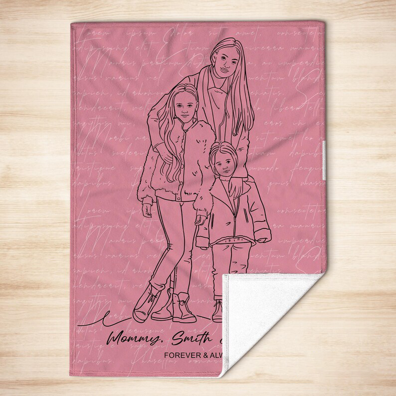 Custom Line Drawing Mom Blanket, Family Line Art Drawing Portrait