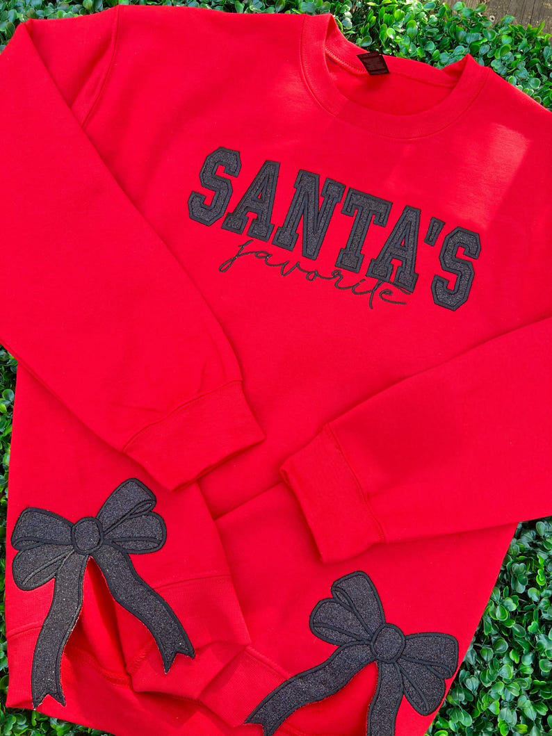 Personalized Santa’s Favorite Embroidered Glitter Side Bow Sweatshirt