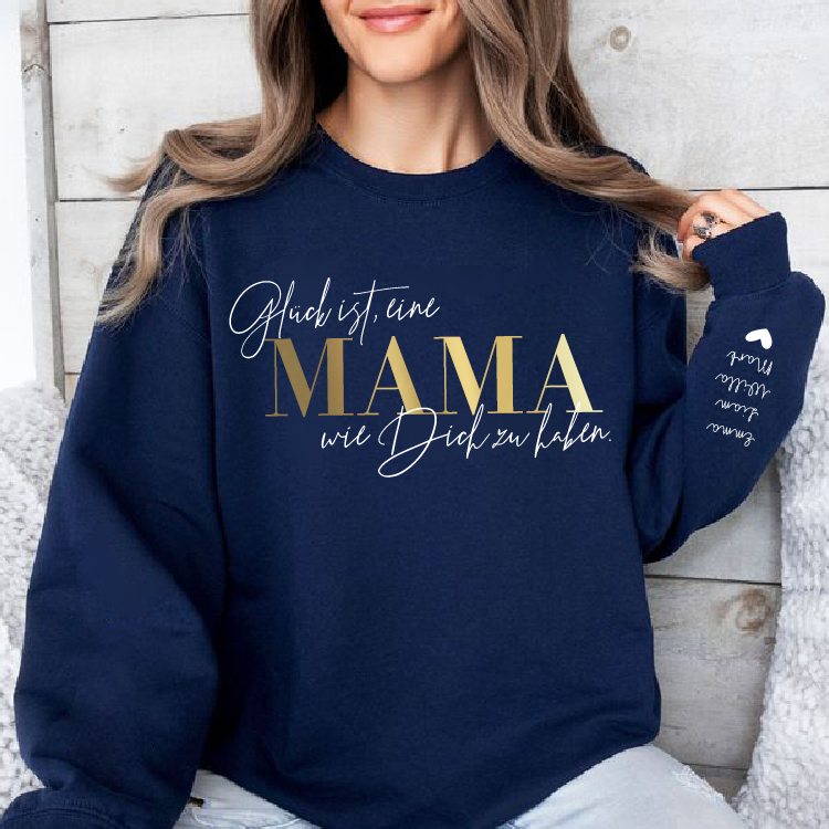 Personalized “Happiness is having a MOM like you” German Sweatshirt with Kids Name on Sleeve (Customized free)