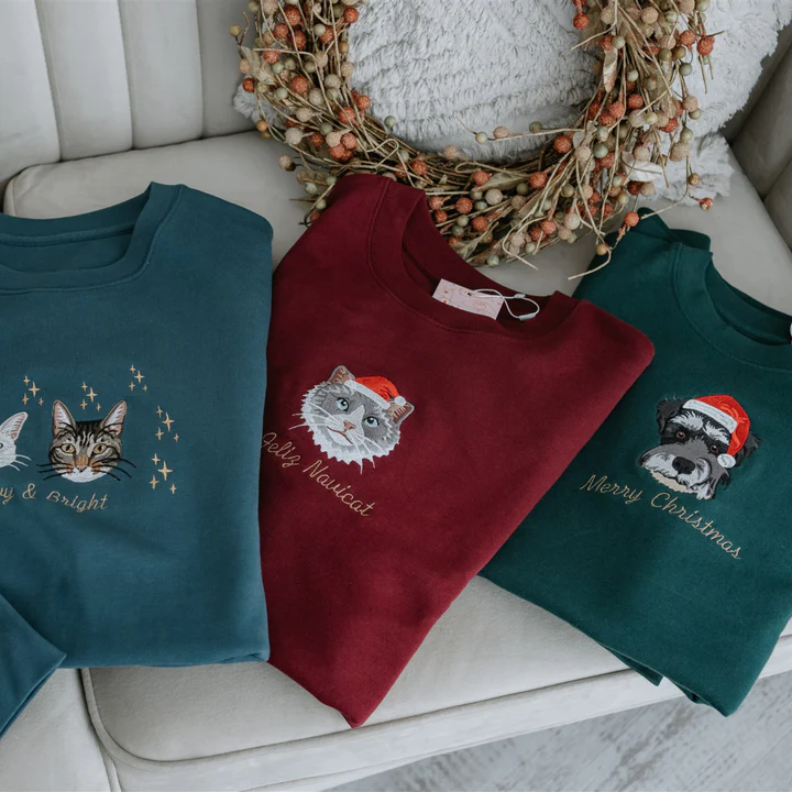 Custom Full Color/Outline Embroidered Pet Portrait Christmas Jumper Sweatshirt