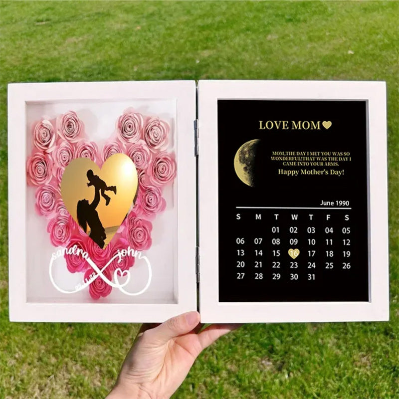 (Infinity Sign With Names) Custom Flowers Frame for Mom Grandma with REAL MOON PHASE Anniversary Calendar