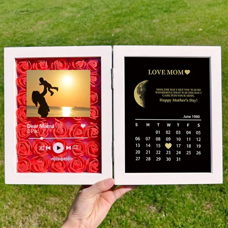 (Square With Song) Custom Flowers Frame for Mom Grandma with REAL MOON PHASE Anniversary Calendar