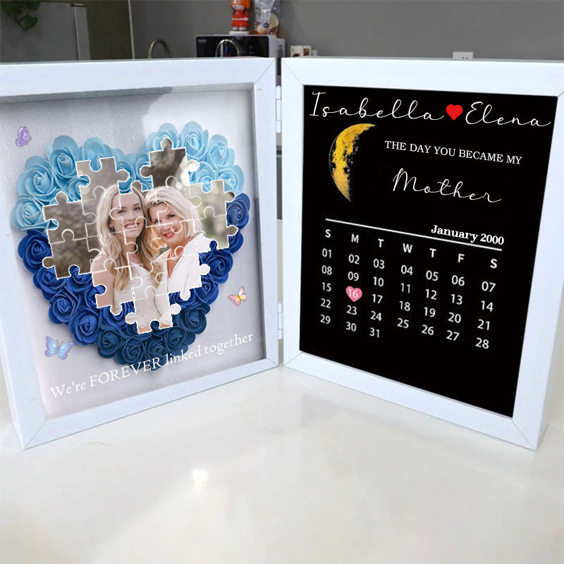 Personalized Puzzle Photo Flower Shadow Box With Real Moon Phase Calendar