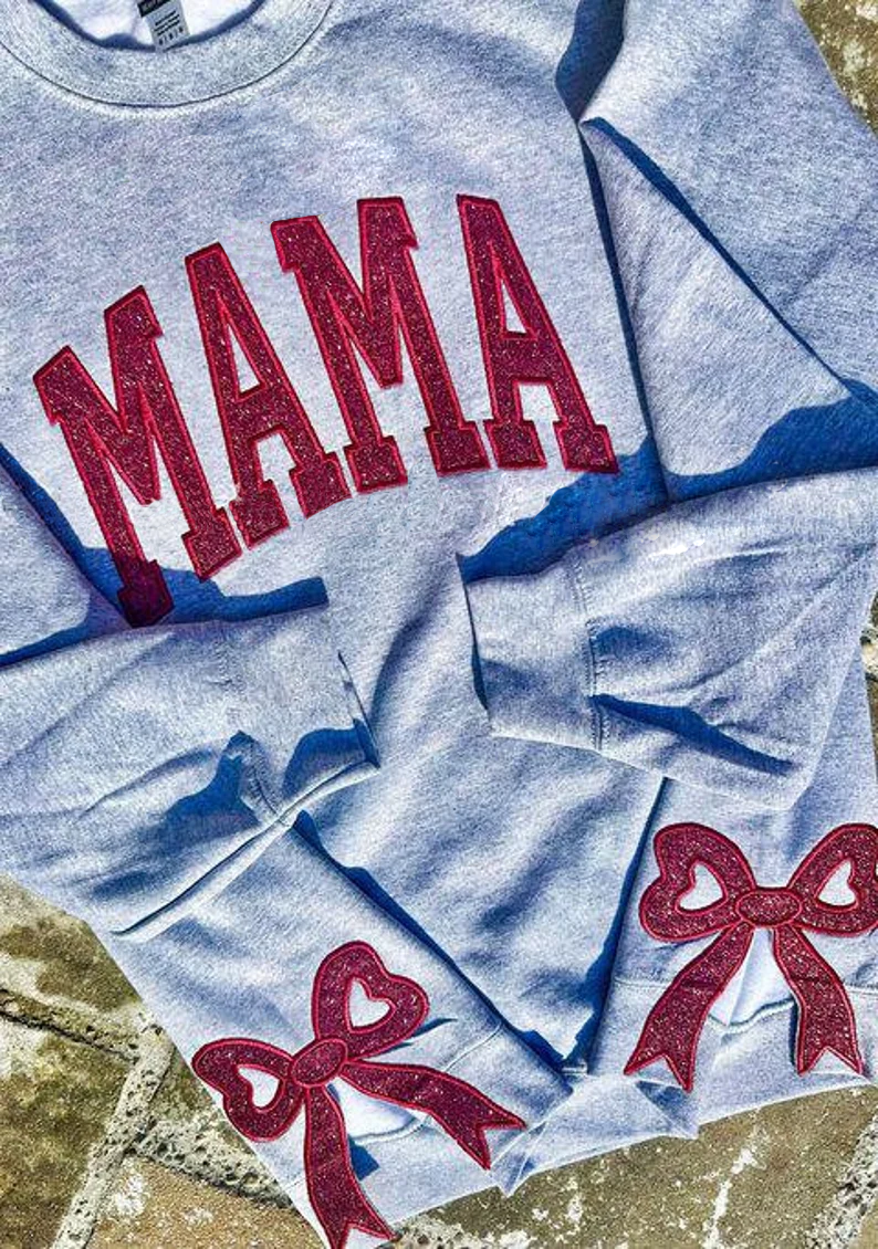 Personalized Mama Embroidered Glitter Side Bow Sweatshirt