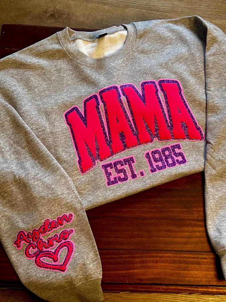 Custom sequin Personalized Mama Sweatshirt with Kid Names on Sleeve, New Mom Gift, Mothers Day Gift, Birthday Gift for Mom