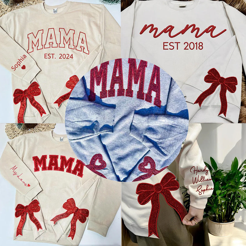 Personalized Mama Embroidered Glitter Side Bow Sweatshirt