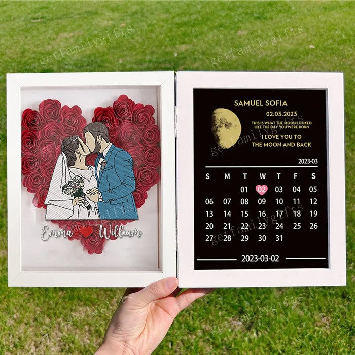 Custom Different Styles Couple Portrait Heart Shape Flower Shadow Box With Moon Phase Frame