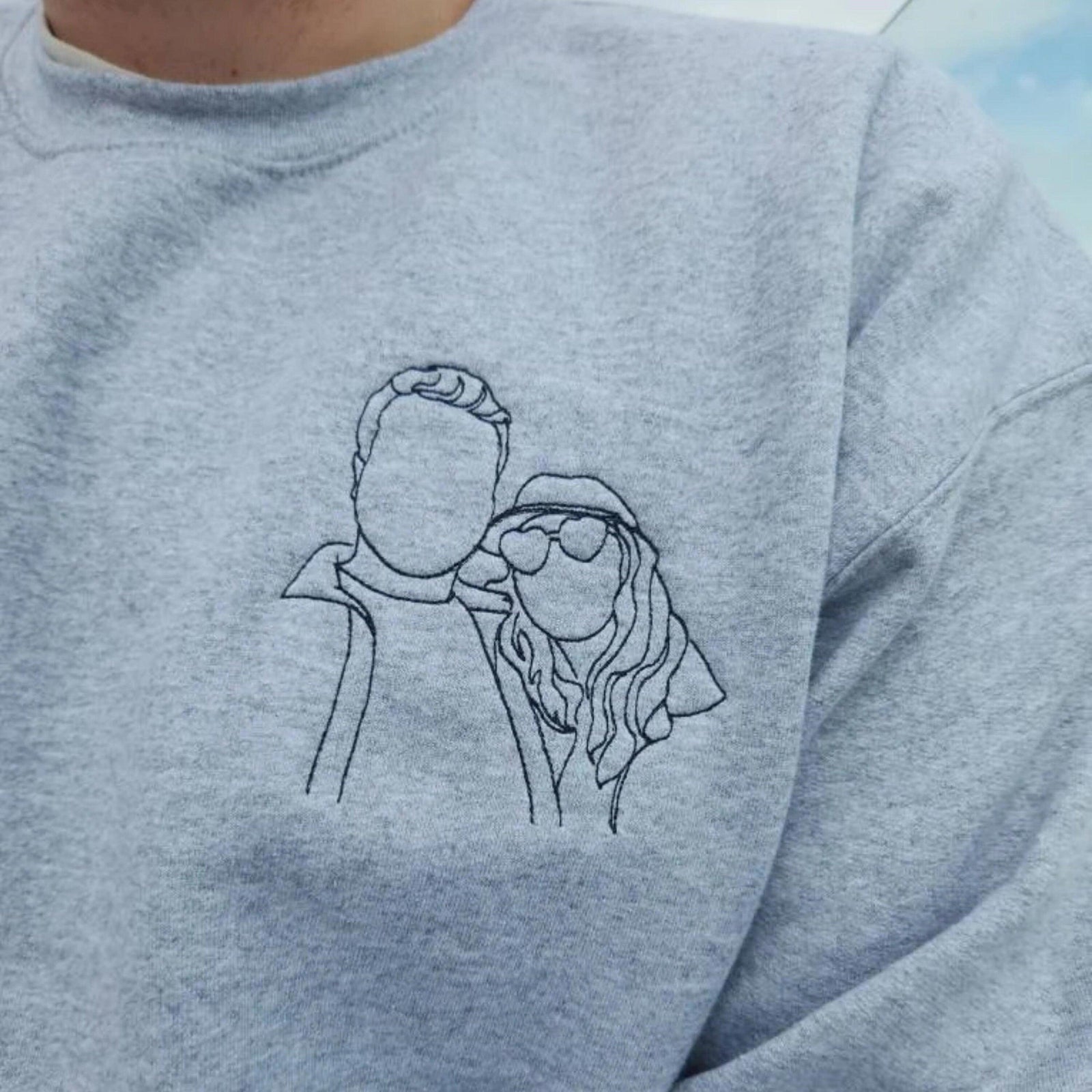 Custom Embroidered Hoodies for Couples - Matching Outline Portrait from Photo