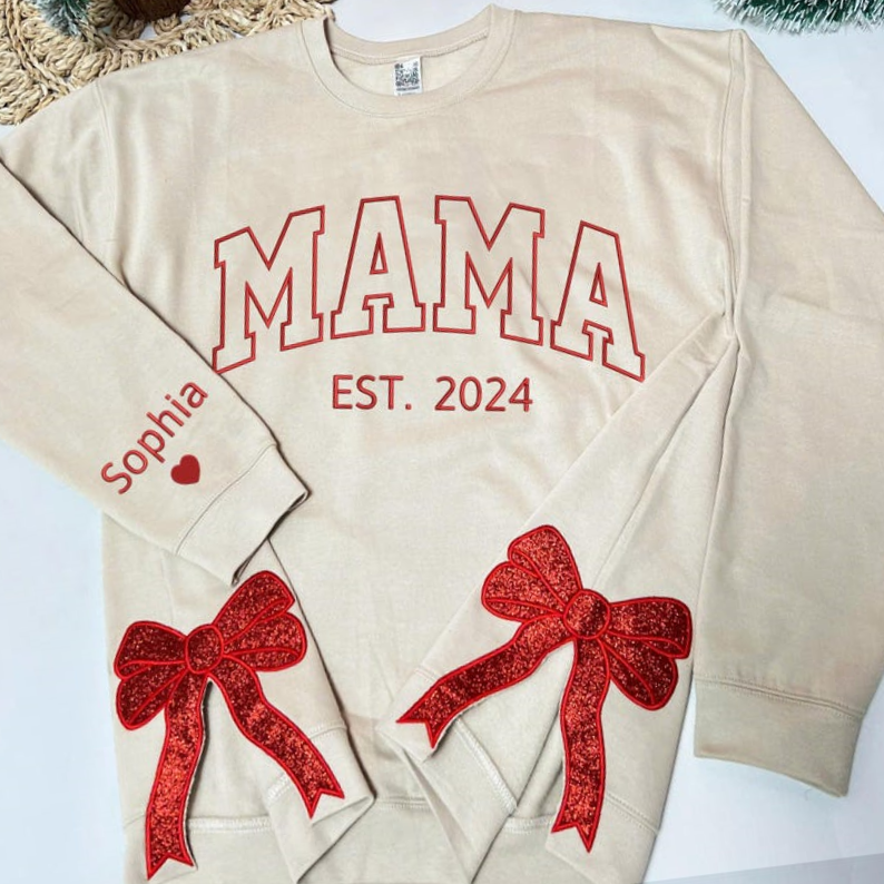 Personalized Mama Embroidered Glitter Side Bow Sweatshirt