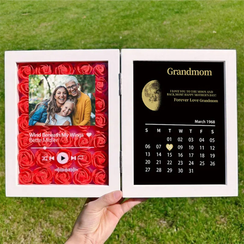 (Square With Song) Custom Flowers Frame for Mom Grandma with REAL MOON PHASE Anniversary Calendar