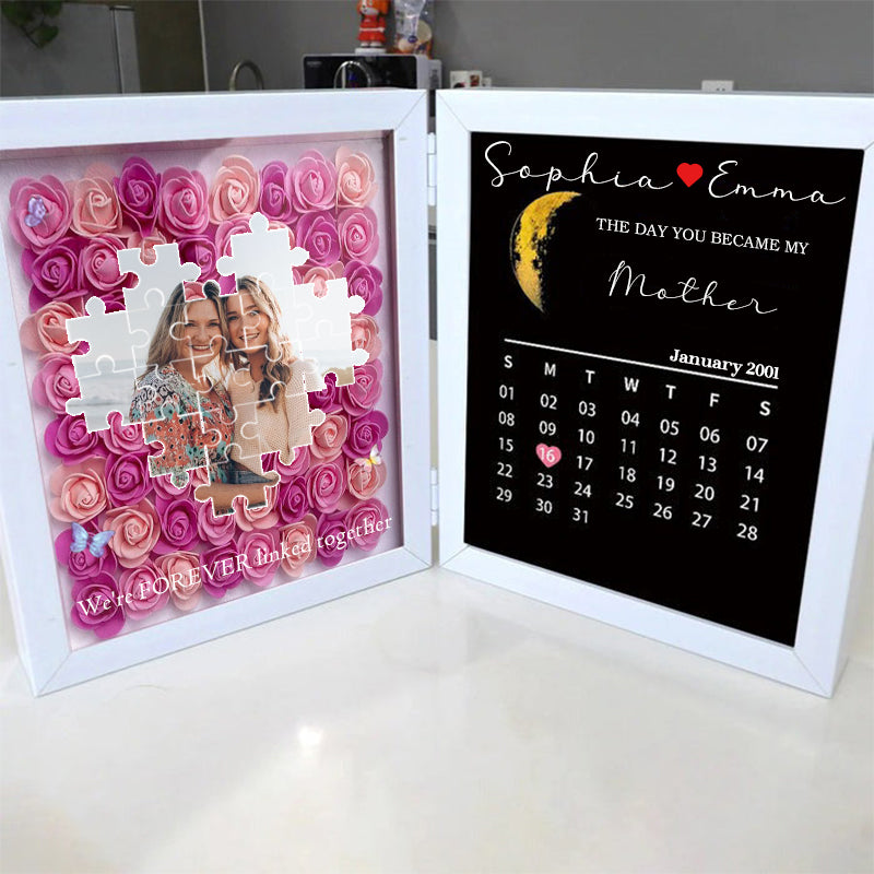 Personalized Puzzle Photo Flower Shadow Box With Real Moon Phase Calendar