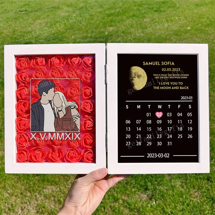 Custom Couple Portrait Flower Shadow Box With Moon Phase Calendar Frame