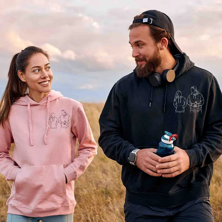 Custom Embroidered Hoodies for Couples - Matching Outline Portrait from Photo