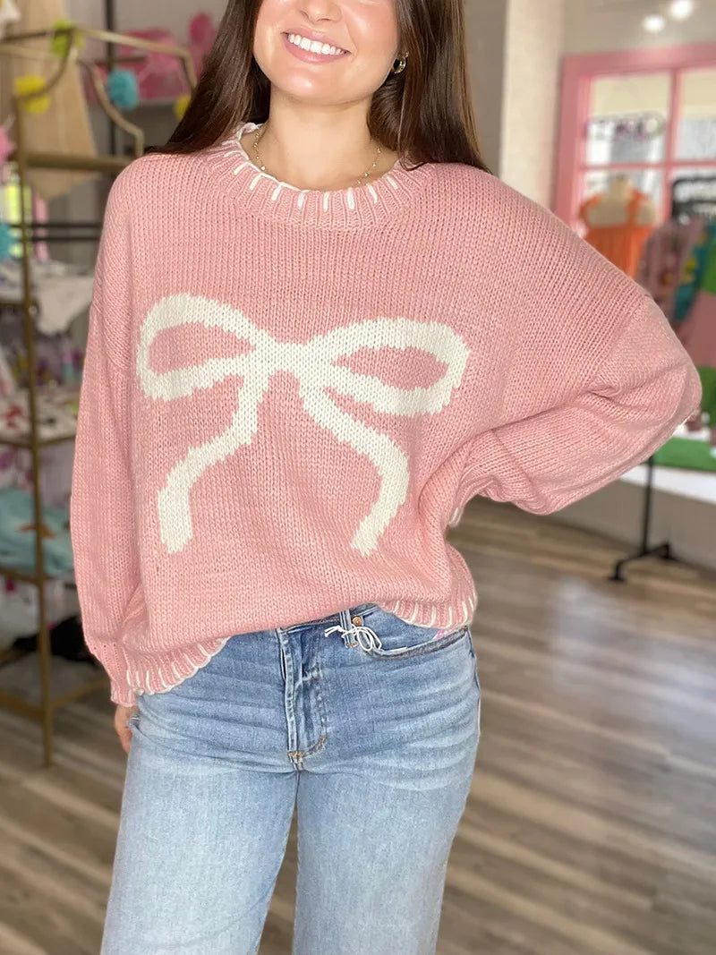 Cream Red Bow Knitted Sweater