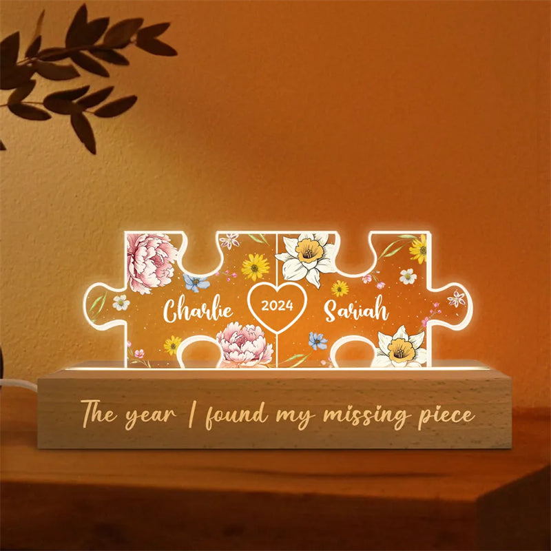 You Are My Missing Piece Couple Initials Floral Theme Personalized Acrylic LED Night Light