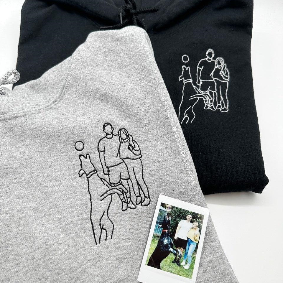 Custom Embroidered Hoodies for Couples - Matching Outline Portrait from Photo