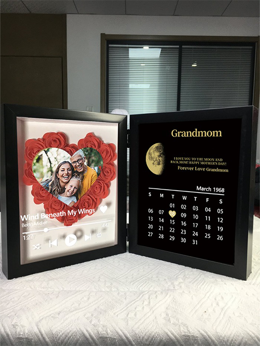 (Heart With Song) Custom Flowers Frame for Mom Grandma with REAL MOON PHASE Calendar