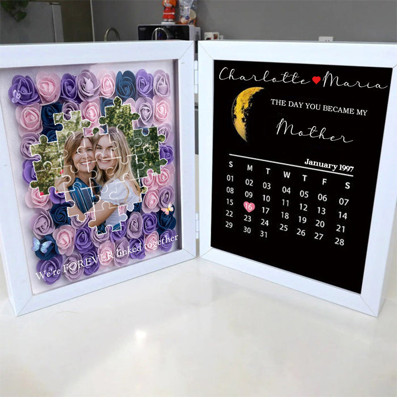 Personalized Puzzle Photo Flower Shadow Box With Real Moon Phase Calendar