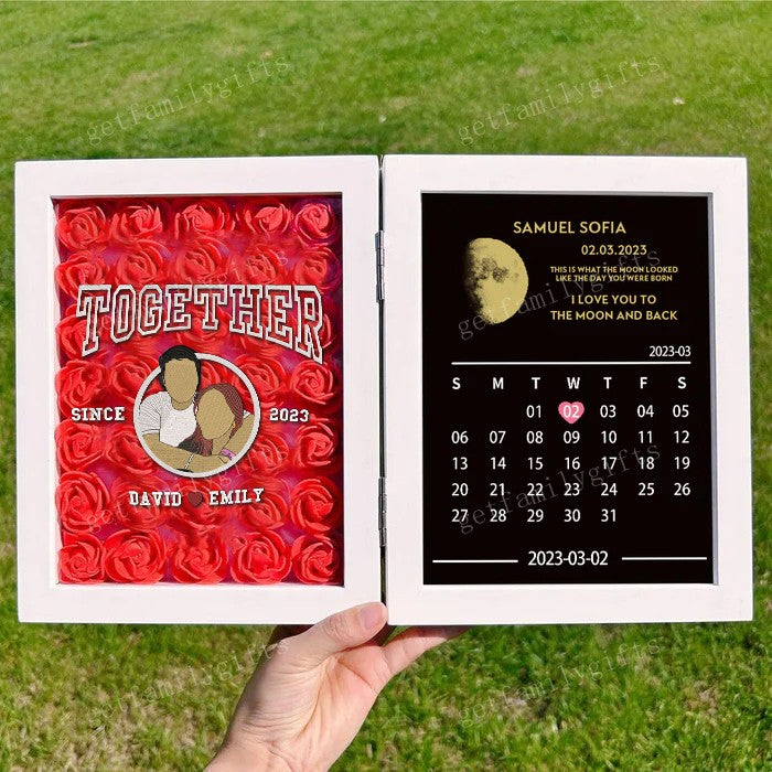 Custom Couple Portrait Flower Shadow Box With Moon Phase Calendar Frame