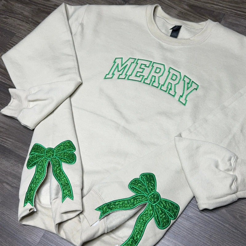 Custom Merry Embroidered,Two Side Bows Cut-Out Sweatshirt,Side Bow Applique Sweatshirt, Glitter Christmas Sweatshirt