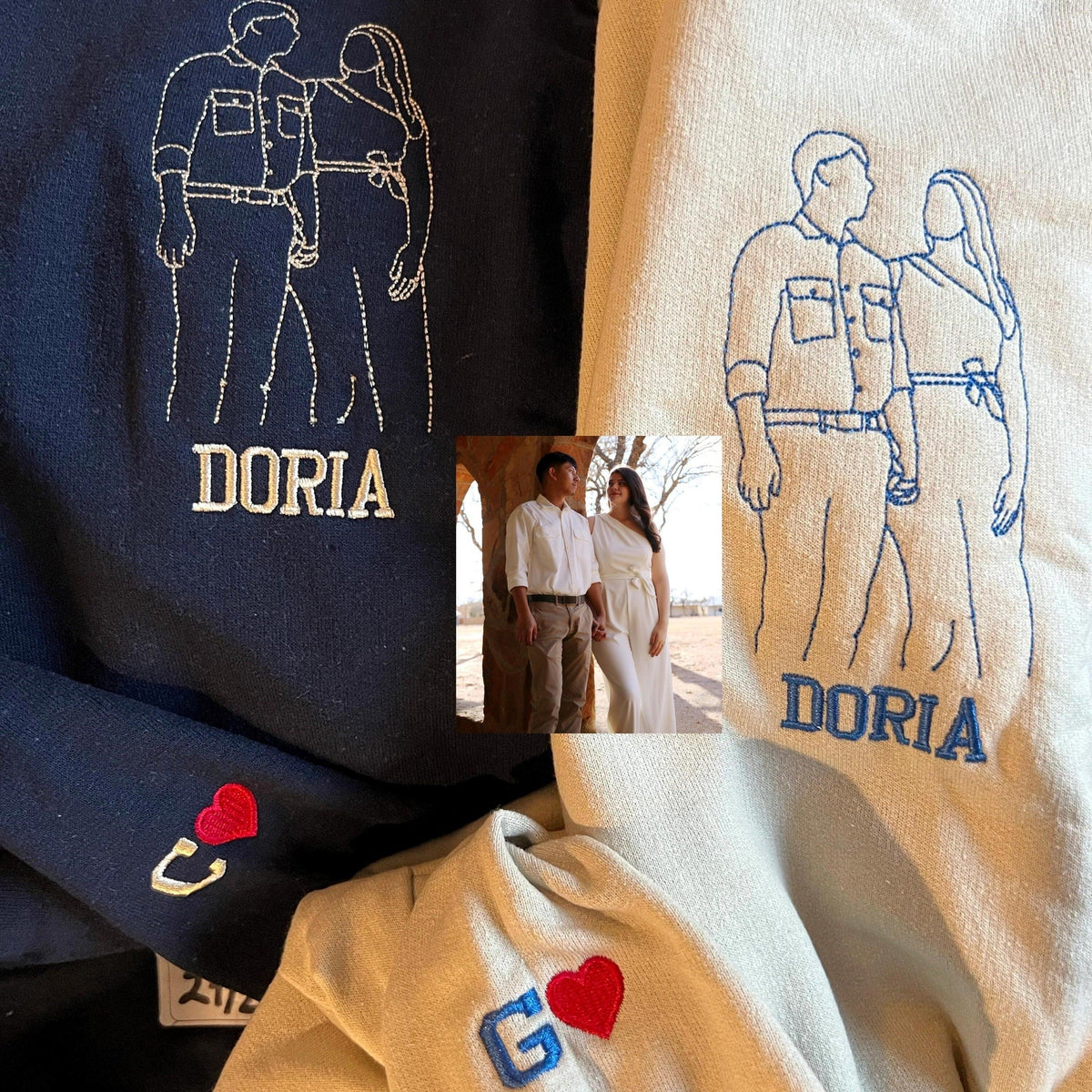 Custom Embroidered Hoodies for Couples - Matching Outline Portrait from Photo