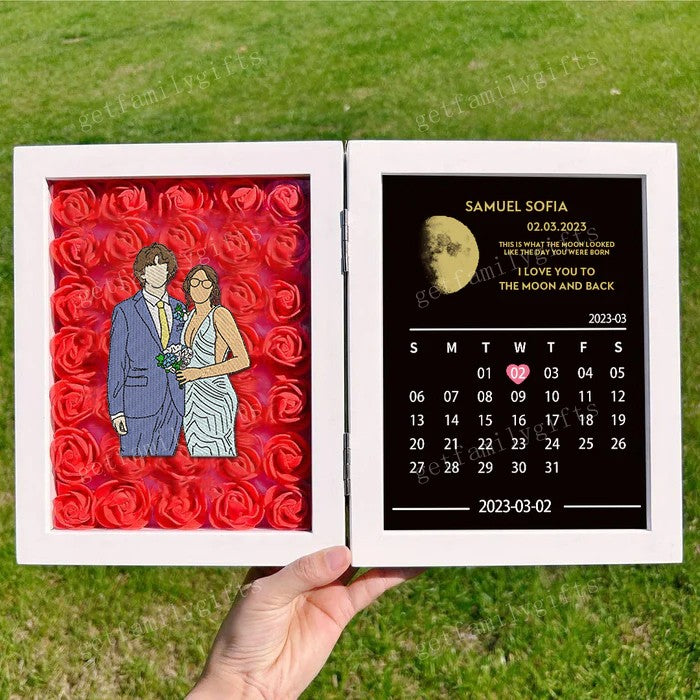 Custom Couple Portrait Flower Shadow Box With Moon Phase Calendar Frame