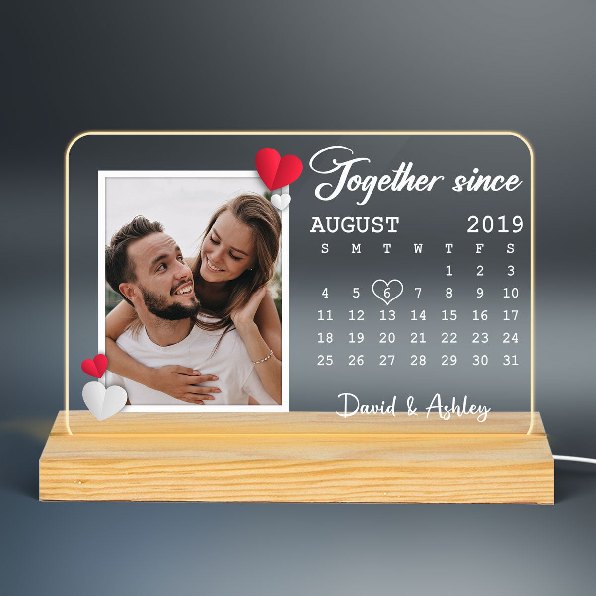 Couple Photo Anniversary Date Calendar Personalized Rectangle Shape Acrylic Plaque With LED Night Light