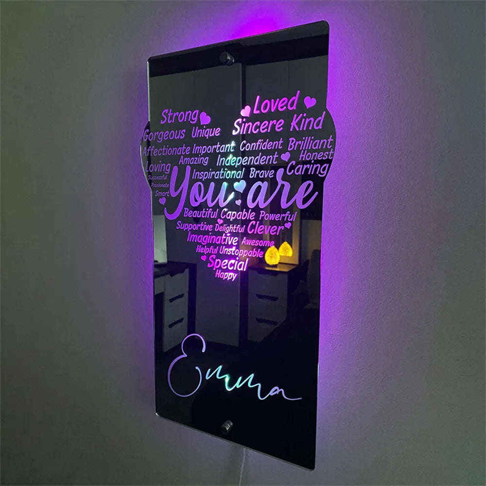 Custom Engraved Affirmation Heart Mirror Light Affirmations Mirror LED Neon Light Gifts Kids Mom Friend