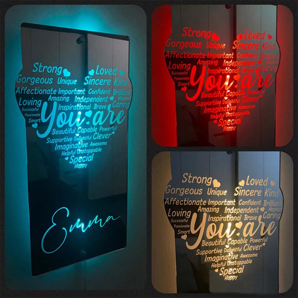 Custom Engraved Affirmation Heart Mirror Light Affirmations Mirror LED Neon Light Gifts Kids Mom Friend