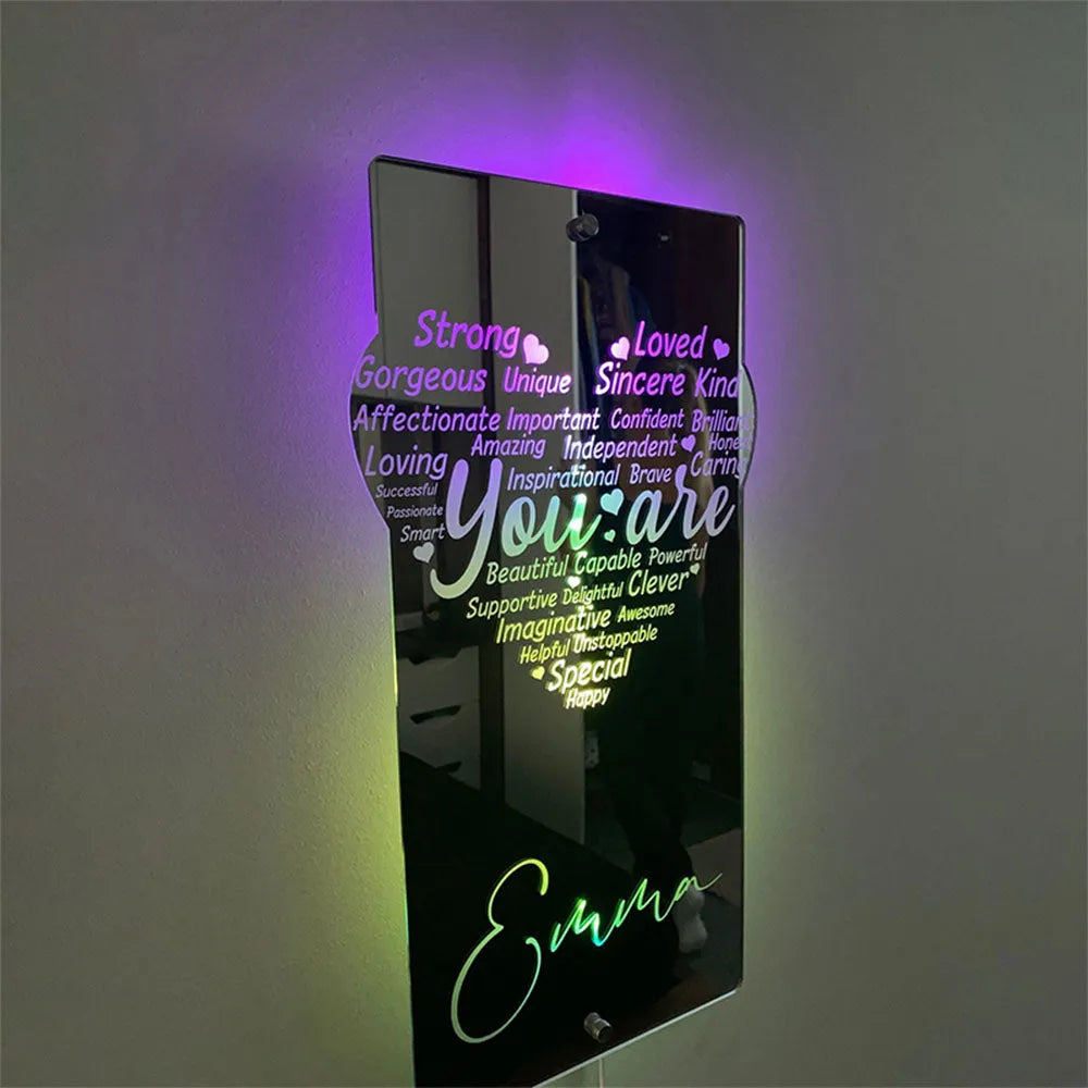 Custom Engraved Affirmation Heart Mirror Light Affirmations Mirror LED Neon Light Gifts Kids Mom Friend