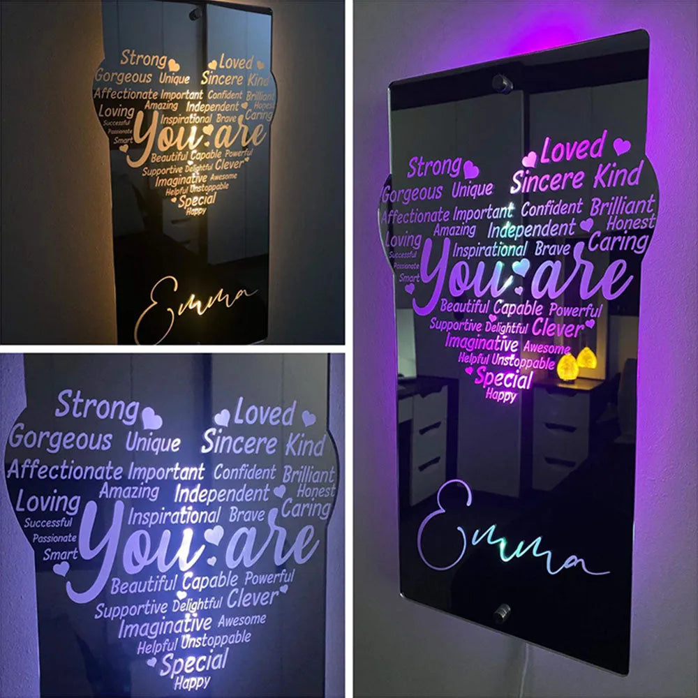 Custom Engraved Affirmation Heart Mirror Light Affirmations Mirror LED Neon Light Gifts Kids Mom Friend