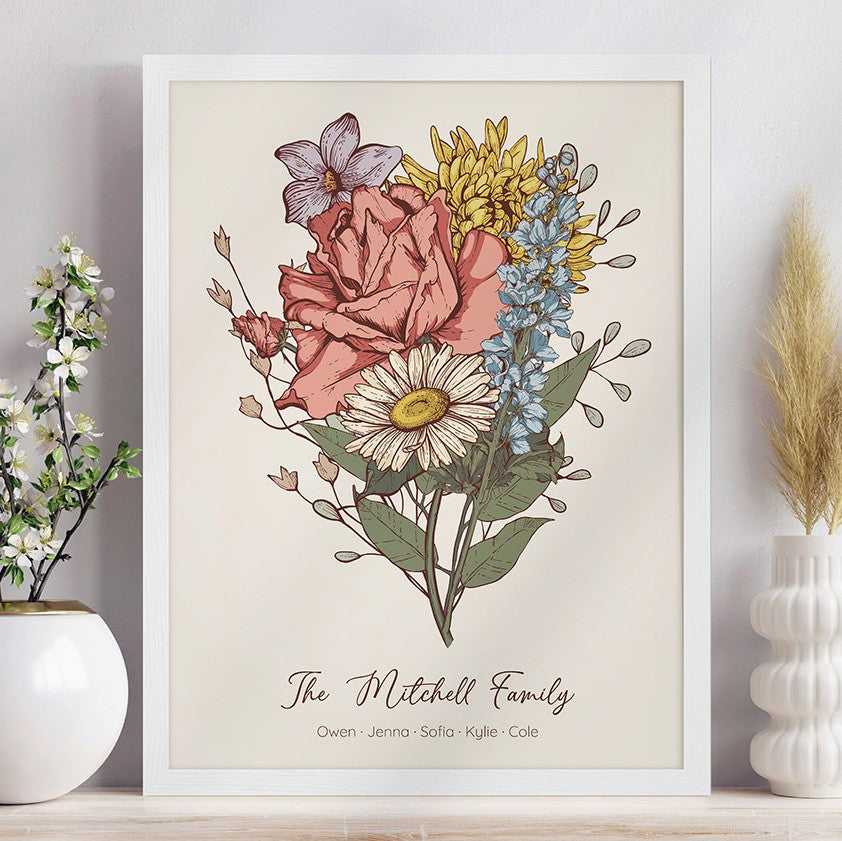 Custom Grandma's Garden Birth Flower Bouquet Art Print For Mother's Day