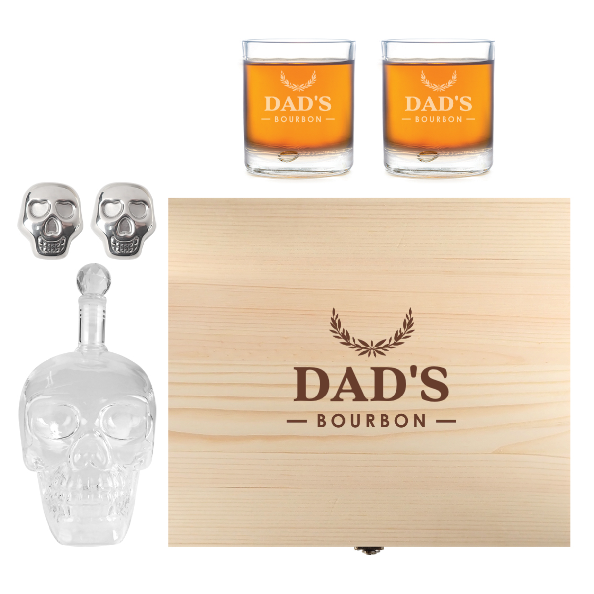 Engraved Father's Day Wooden Gift Boxed Skull Decanter Set