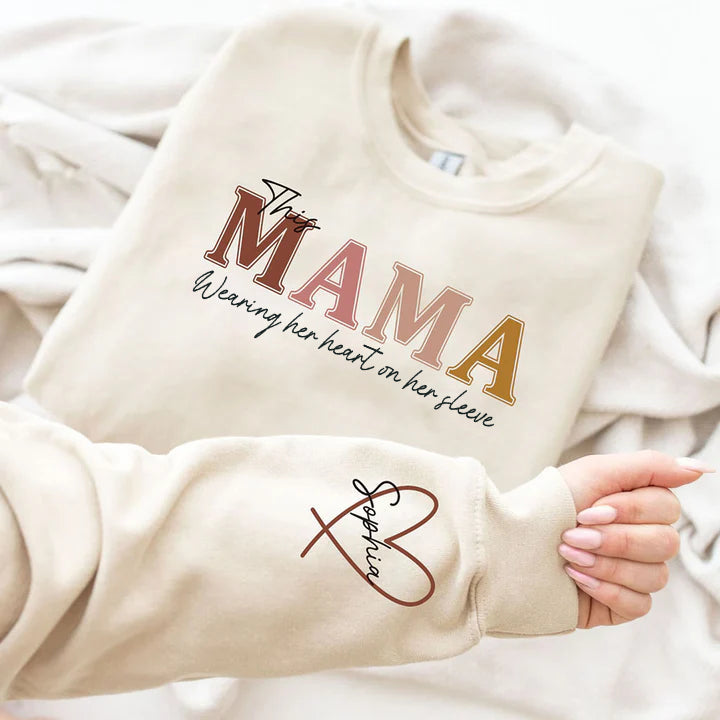 Personalized Wear Heart On Sleeve Mama Sweatshirt with Kid Names on Sleeves-Mother's Day Sale!Free Shipping! (Customized free)