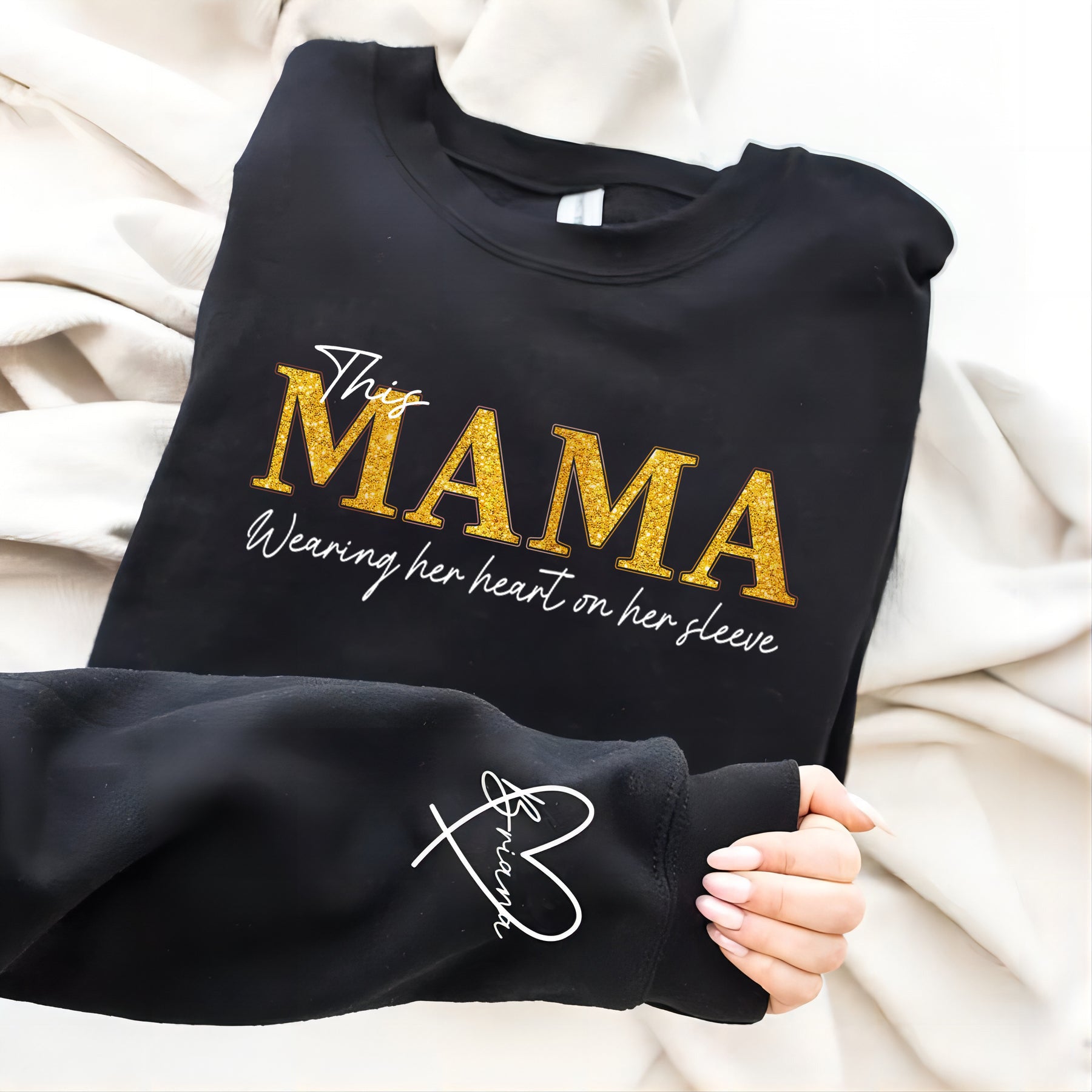 Personalized Wear Heart On Sleeve Mama Sweatshirt with Kid Names on Sleeves Mother's Day Birthday Gift (Customized free)