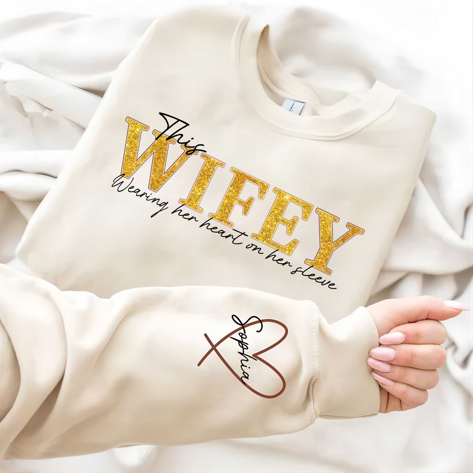 Personalized Wifey Wear Heart On Sleeve Mama Hot Stamping Sweatshirt with Kid Names on Sleeves-Mother's Gift (Customized free)