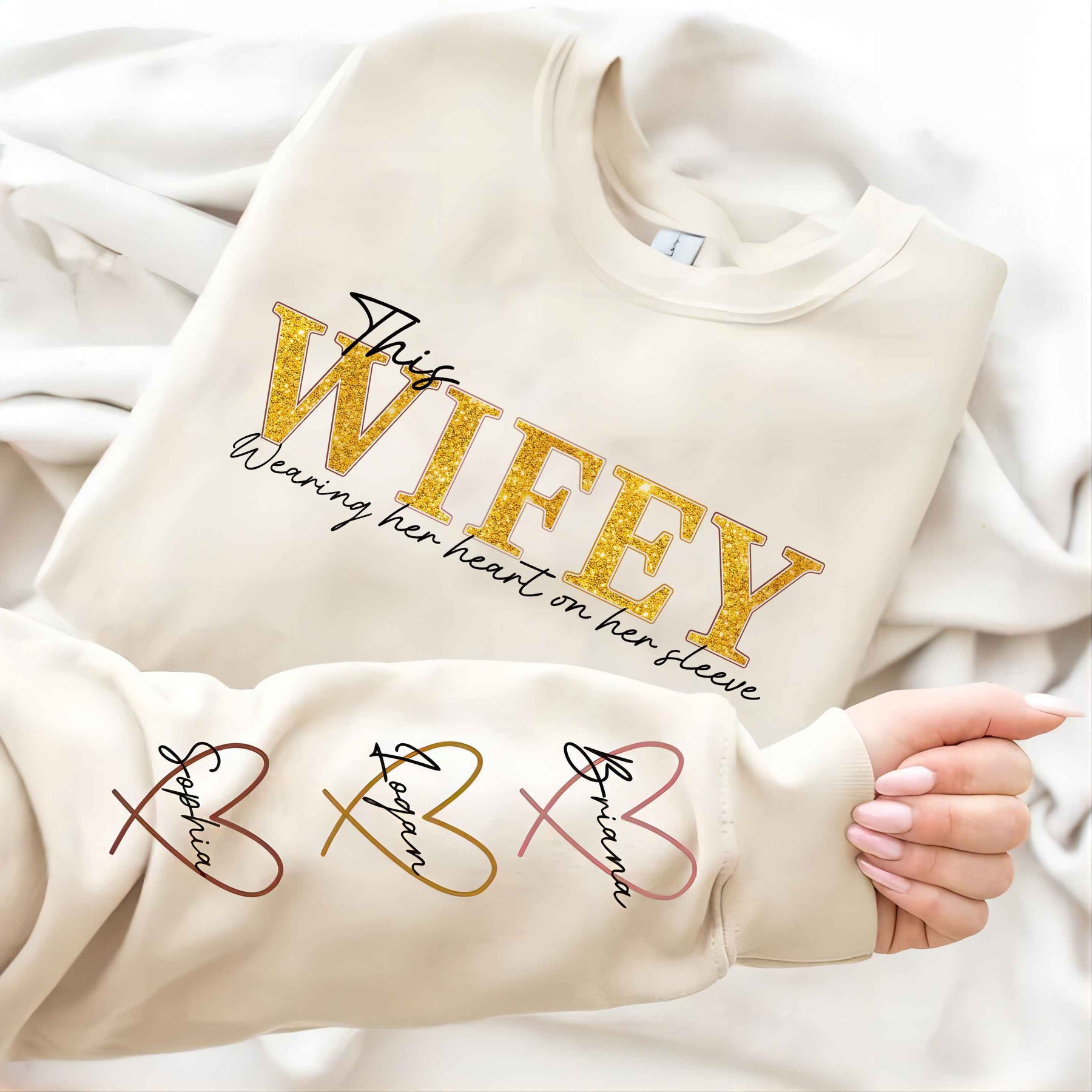 Personalized Wifey Wear Heart On Sleeve Mama Hot Stamping Sweatshirt with Kid Names on Sleeves-Mother's Gift (Customized free)