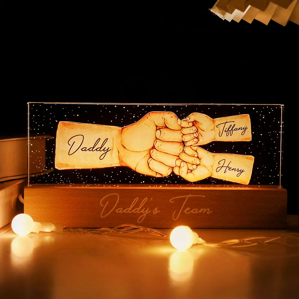 Daddy's Team Fist Bump Personalized Acrylic LED Night Light, Father's Day Gift