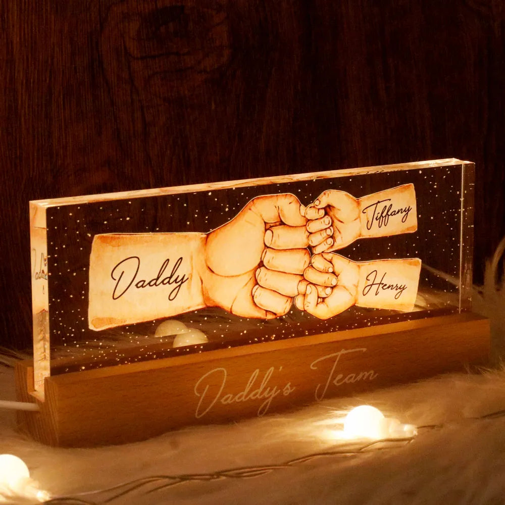 Daddy's Team Fist Bump Personalized Acrylic LED Night Light, Father's Day Gift