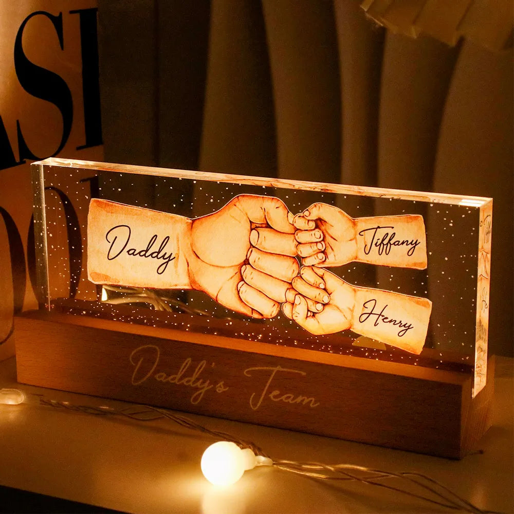 Daddy's Team Fist Bump Personalized Acrylic LED Night Light, Father's Day Gift