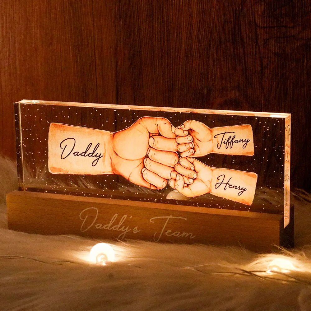 Daddy's Team Fist Bump Personalized Acrylic LED Night Light, Father's Day Gift