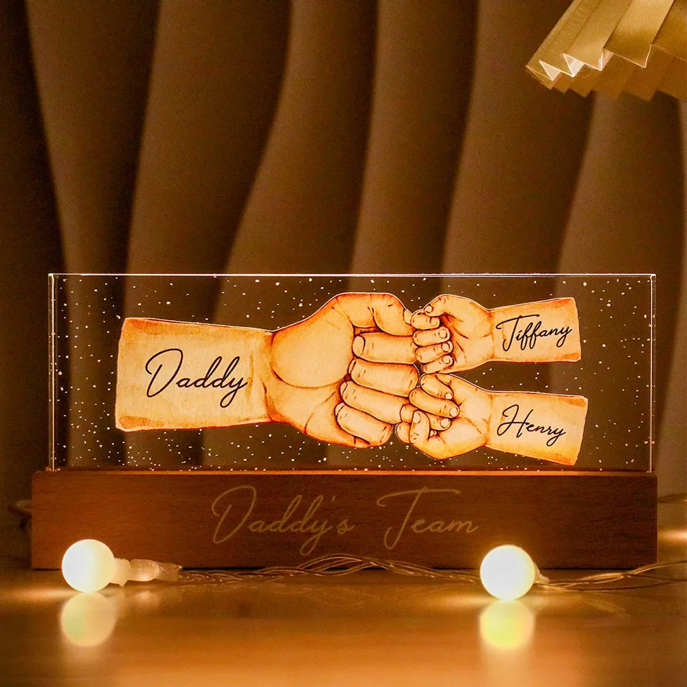 Daddy's Team Fist Bump Personalized Acrylic LED Night Light, Father's Day Gift