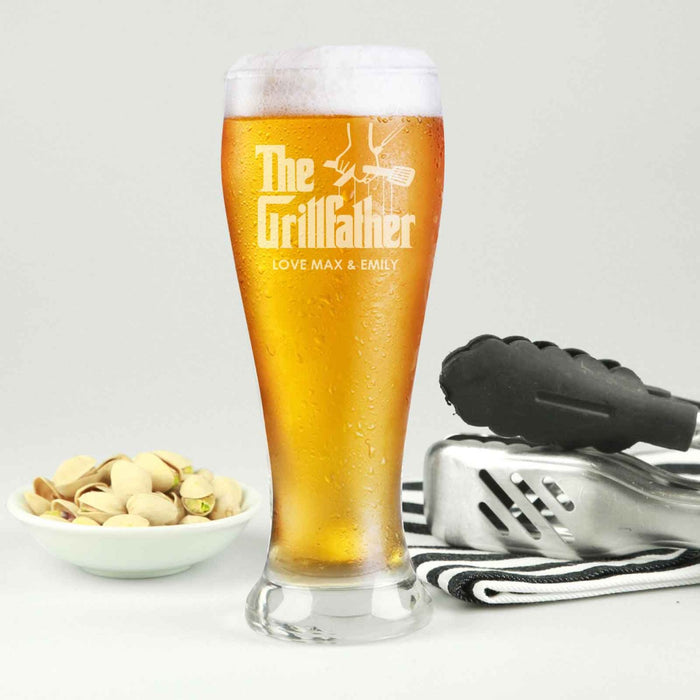 Engraved “Grillfather, Godfather, Lawnfather or Grandfather” 425ml Schooner Beer Glass