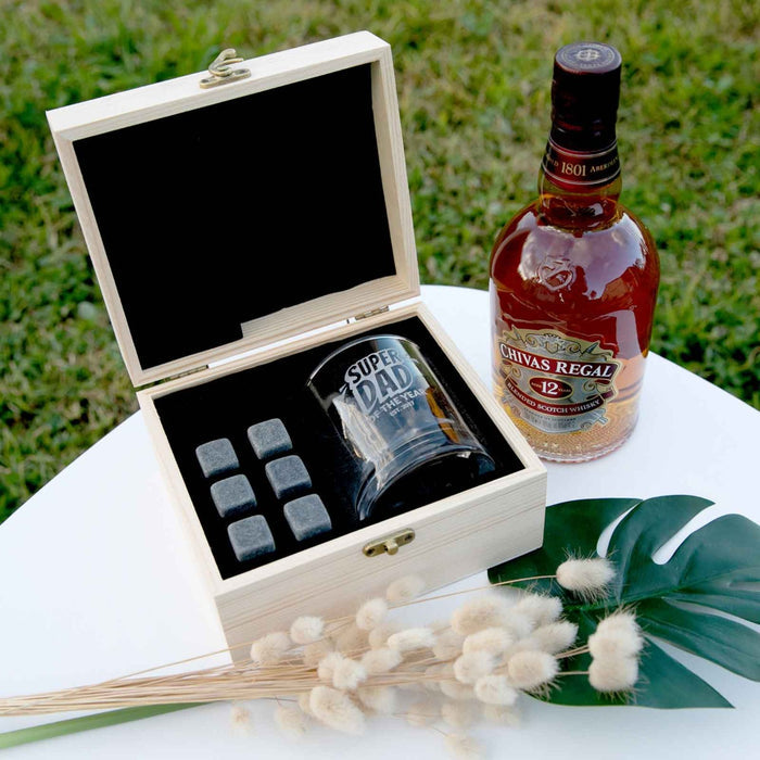 Engraved Super Dad Wooden Gift Boxed Scotch Glass and Whiskey Stone Set