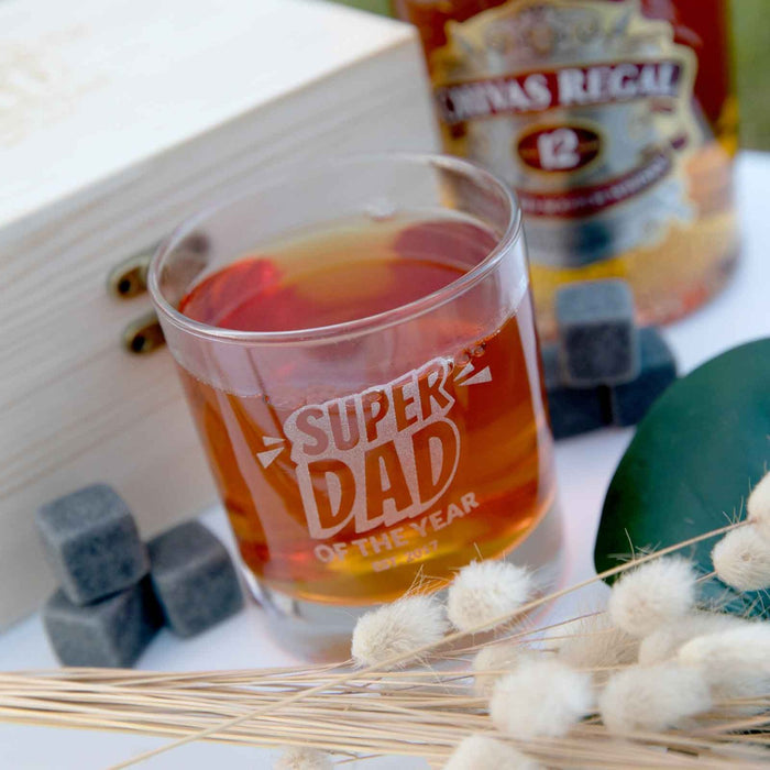 Engraved Super Dad Wooden Gift Boxed Scotch Glass and Whiskey Stone Set