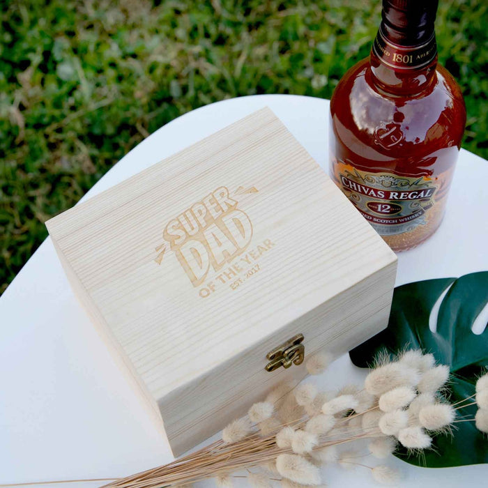 Engraved Super Dad Wooden Gift Boxed Scotch Glass and Whiskey Stone Set