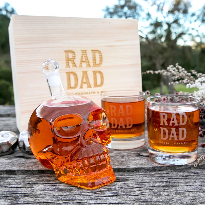 Engraved Father's Day Wooden Gift Boxed Skull Decanter Set